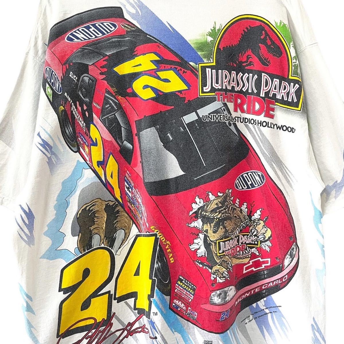 ■激レア■90s USA製 NASCAR JURASSIC PARK THE RIDE JEFF GORDON 映画 Tシャツ XL ナスカー ジュラシックパーク ムービー ビンテージ_画像4