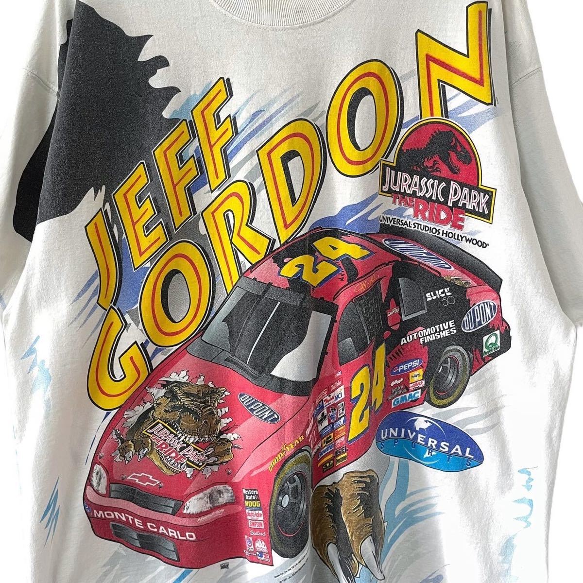 ■激レア■90s USA製 NASCAR JURASSIC PARK THE RIDE JEFF GORDON 映画 Tシャツ XL ナスカー ジュラシックパーク ムービー ビンテージ_画像3