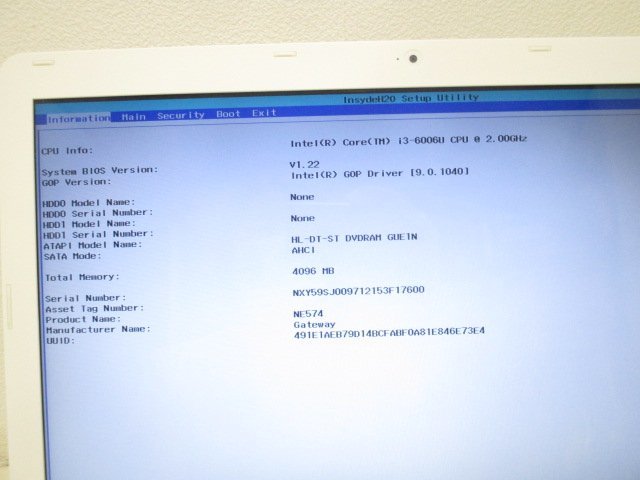 S1249S Gateway NE574-H34G/F Corei3-6006U 2.00GHz /メモリ4GB/ HDD