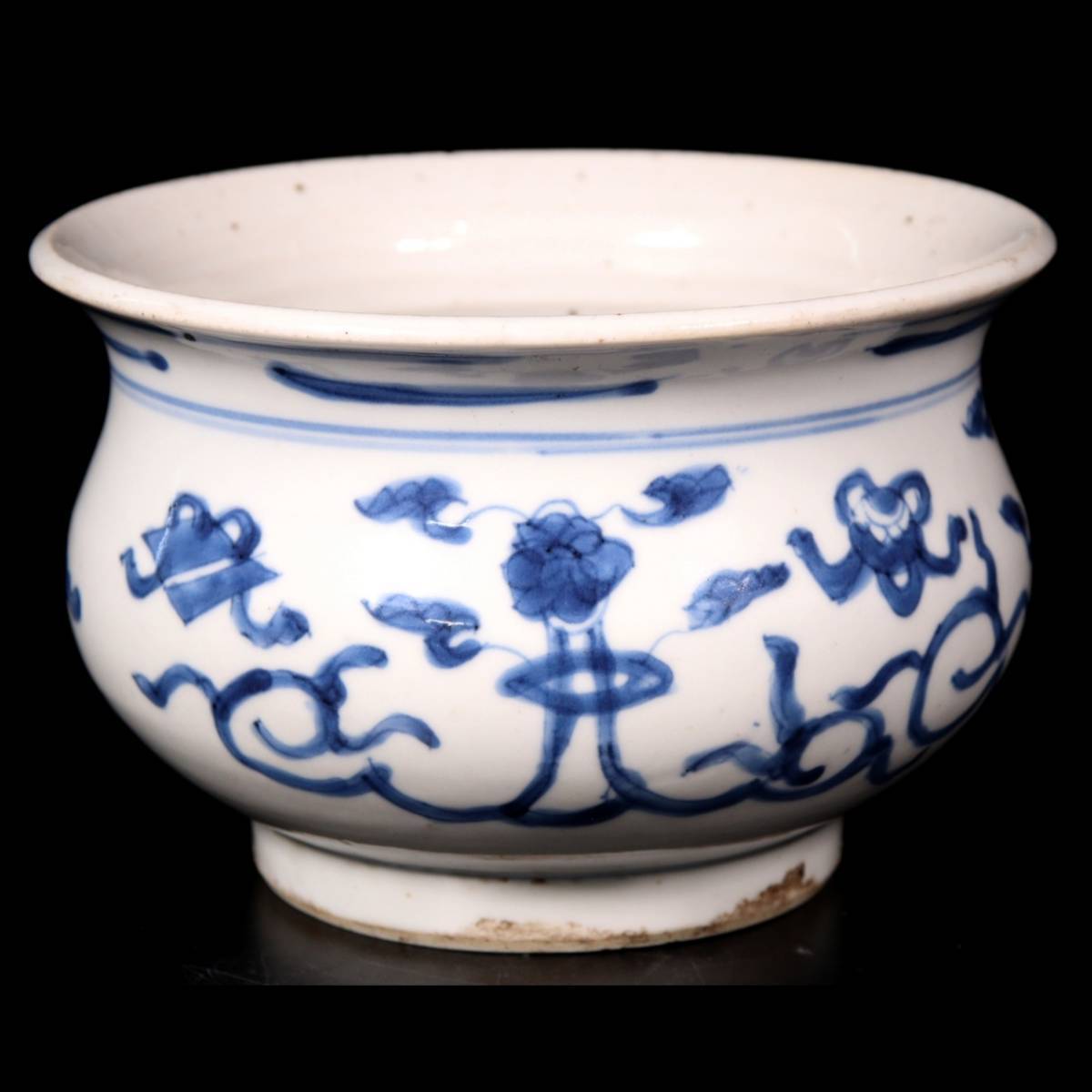 ◇楾◇2 李朝時代 白磁製 花草文染付香炉 16cm 香道具 唐物骨董 [P362
