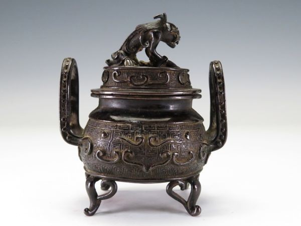 3869】中国 唐物古玩 古銅 耳付 獅子摘み 香炉(初品・買取品・堤物
