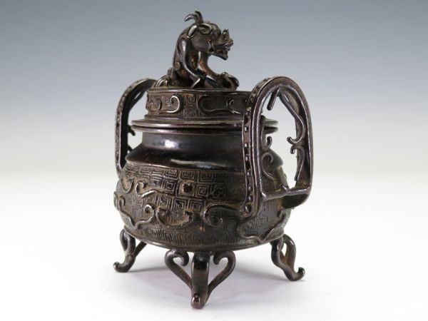 3869】中国 唐物古玩 古銅 耳付 獅子摘み 香炉（初品・買取品・堤物
