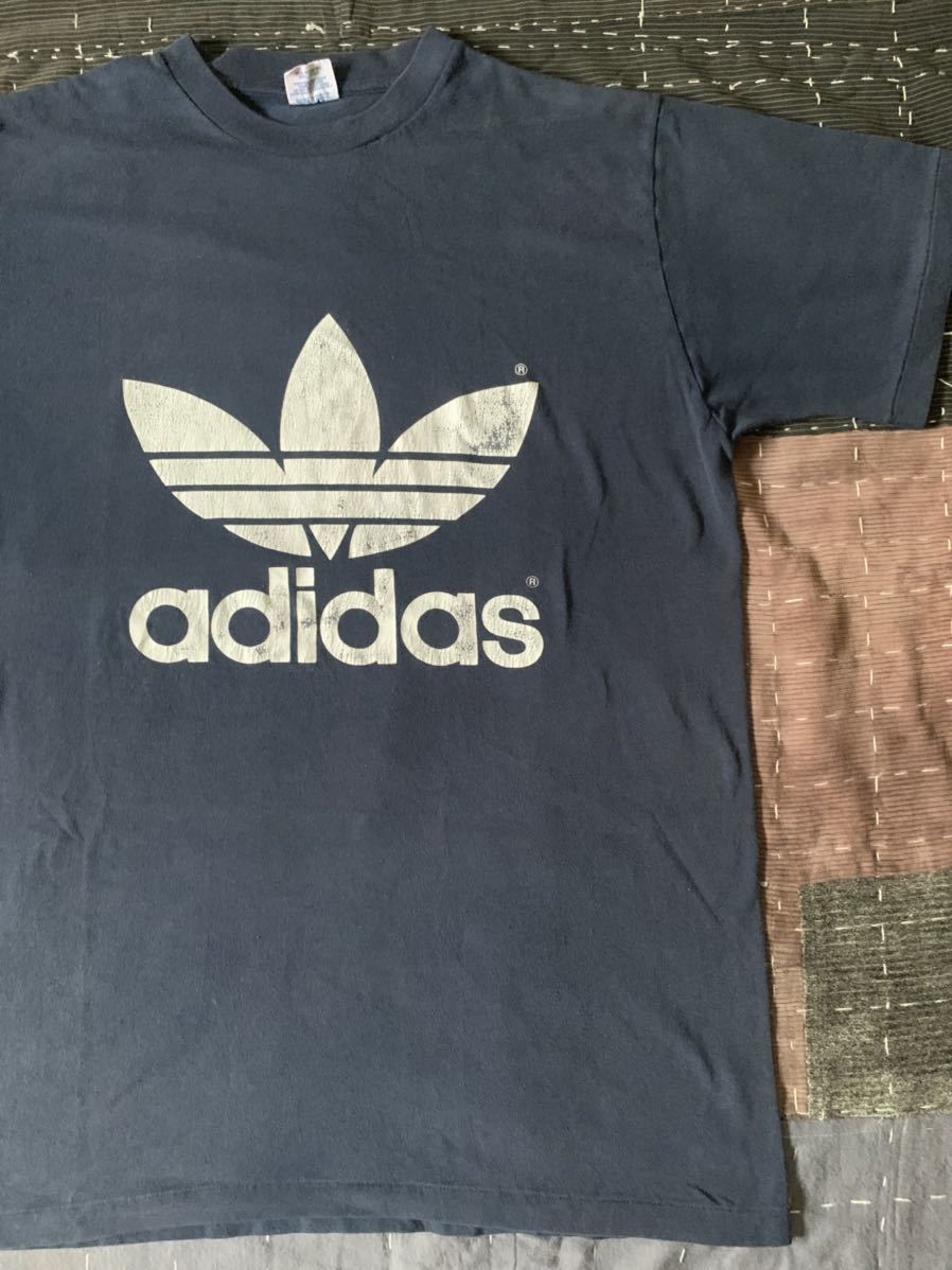 80s adidas vintage Tシャツ USA製 アメリカ製 アディダス ビンテージ トレフォイル ロゴ navy 紺_画像1