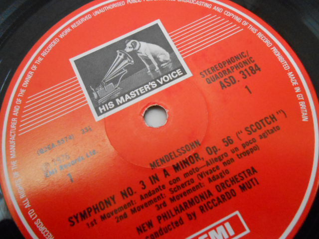 英HMV ASD-3184 ムーティ メンデルスゾーン 交響曲第3番 オリジナル盤 優秀録音盤_画像2