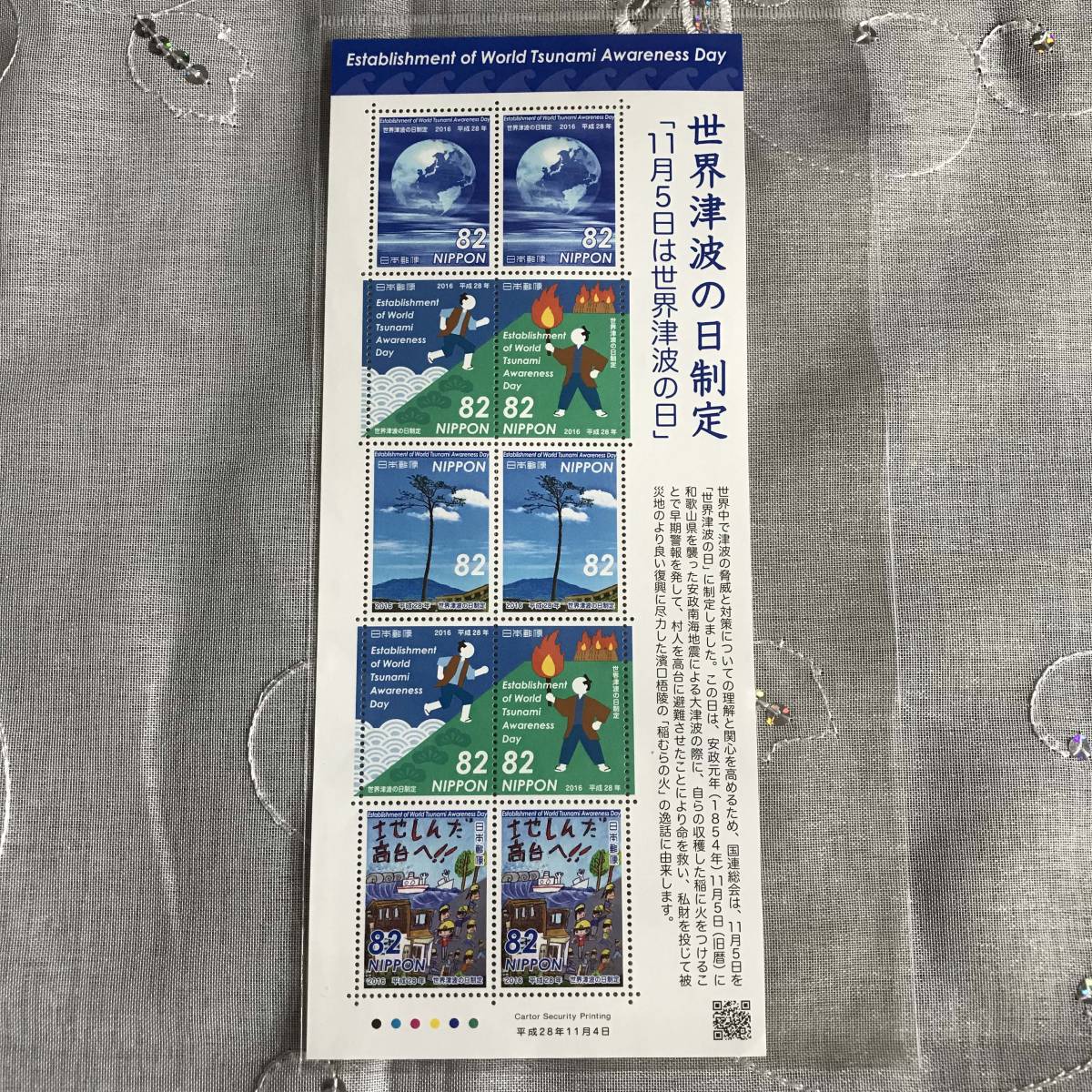 22K564 1 未使用 切手 世界津波の日制定 2016年 82円切手 解説書付き 特殊切手_画像3