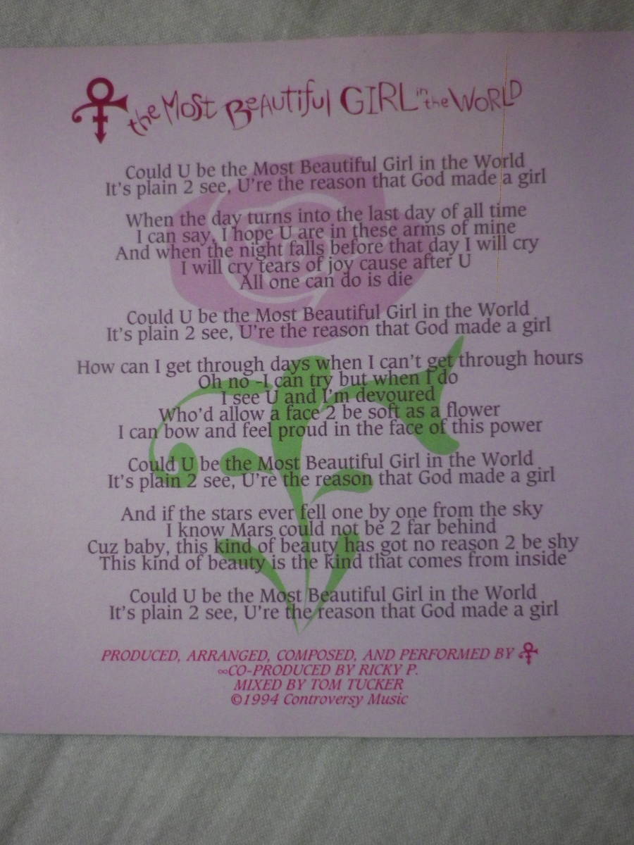 『Prince/The Most Beautiful Girl In The World(1994)』(NPG RECORDS BR 72514-2,輸入盤,歌詞付,2track)_画像4
