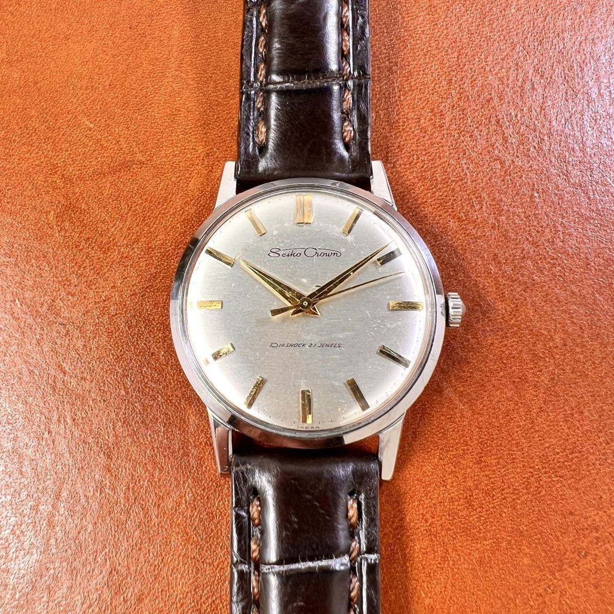 OH済! 美品! SEIKO Crown クロコダイル本革 手縫いベルトDバックル付