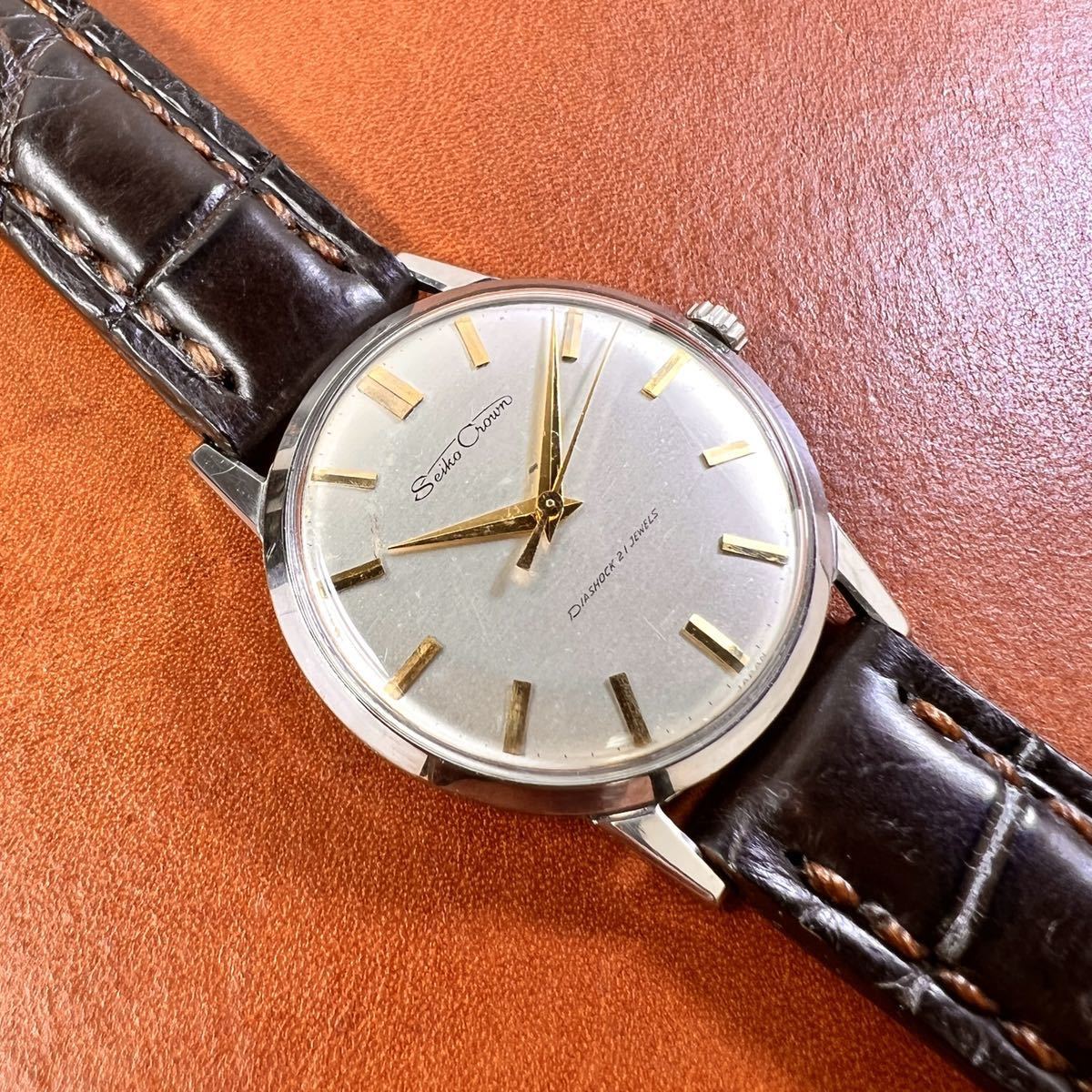 OH済! 美品! SEIKO Crown クロコダイル本革 手縫いベルトDバックル付