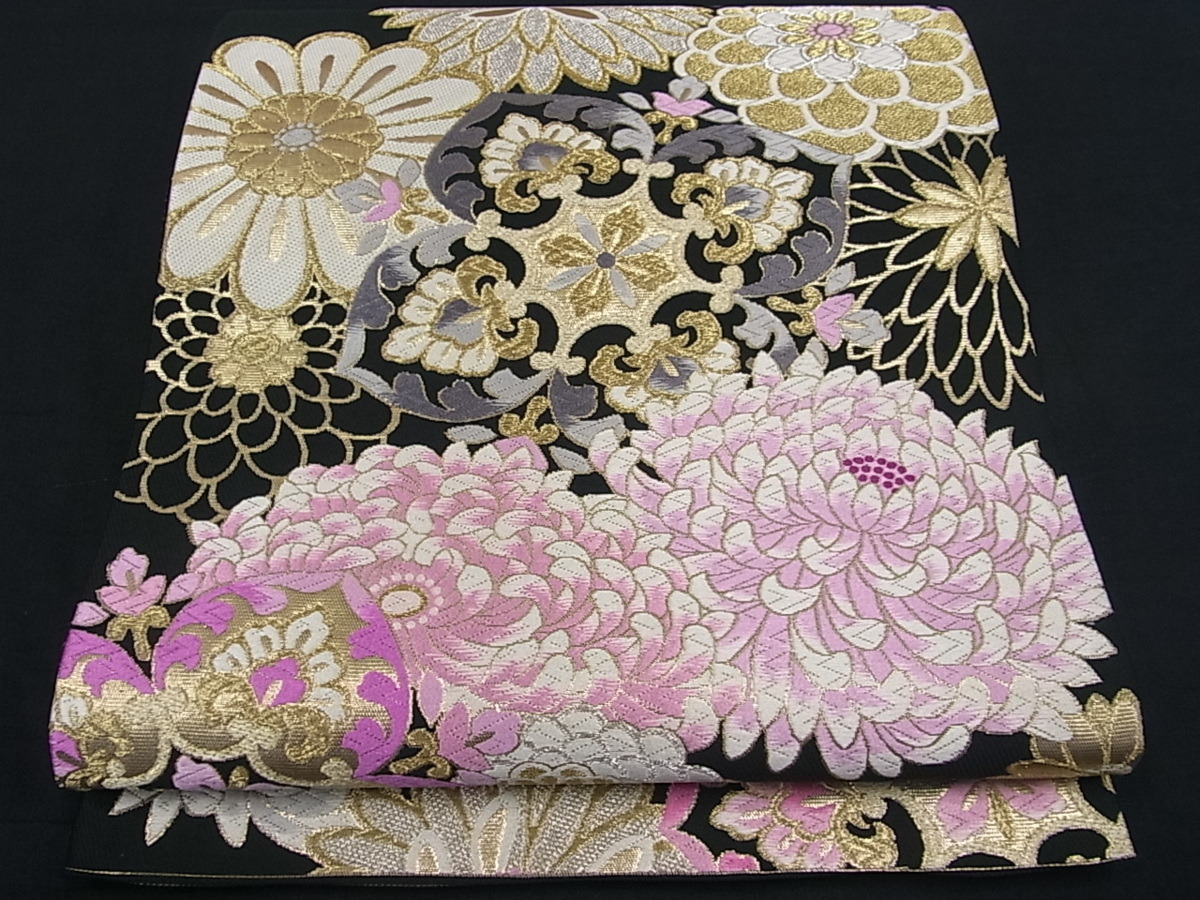 平和屋□極上 六通柄袋帯 唐織 花尽くし 黒地 金糸 逸品 未使用s8416