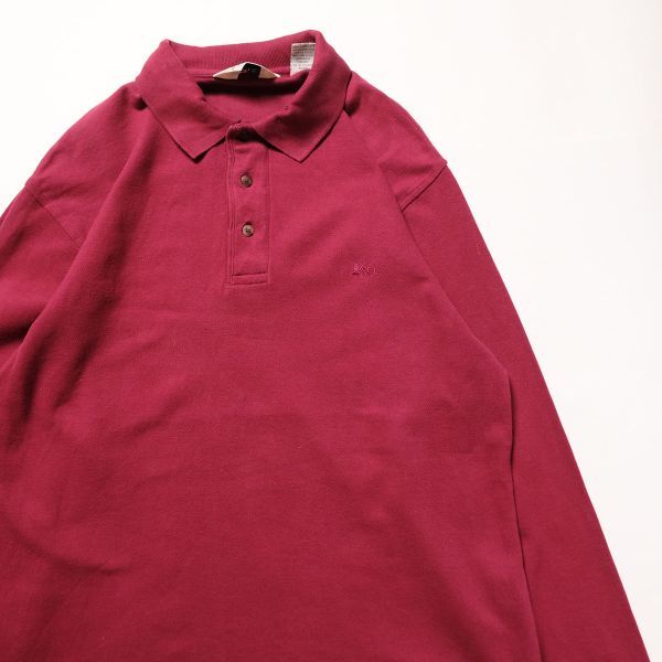 90's REI ロゴ刺繍入り 鹿の子 ロングスリーブ ポロシャツ (M) 濃赤系 長袖 90年代 旧タグ オールド アウトドア