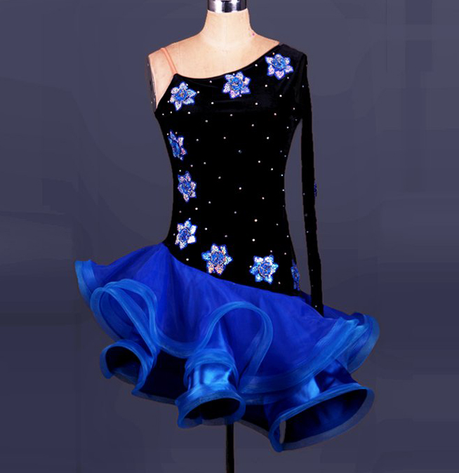 社交ダンス・パーティドレス　ダンス衣装　サイズオーダー可　競技ワンピース　花柄　サイズS　M　L　XL　ブルー