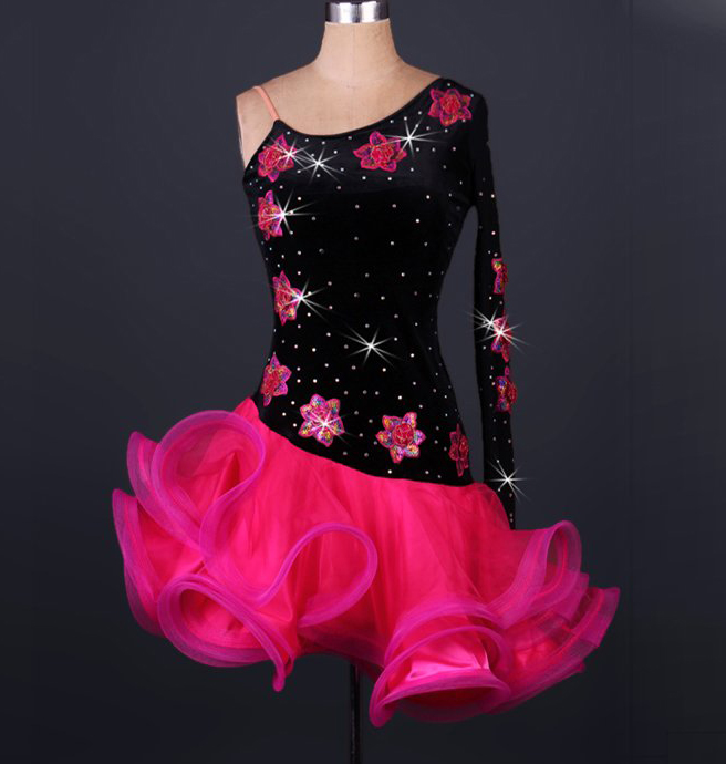 社交ダンス・パーティドレス　ダンス衣装　サイズオーダー可　競技ワンピース　花柄　サイズS　M　L　XL　ピンク