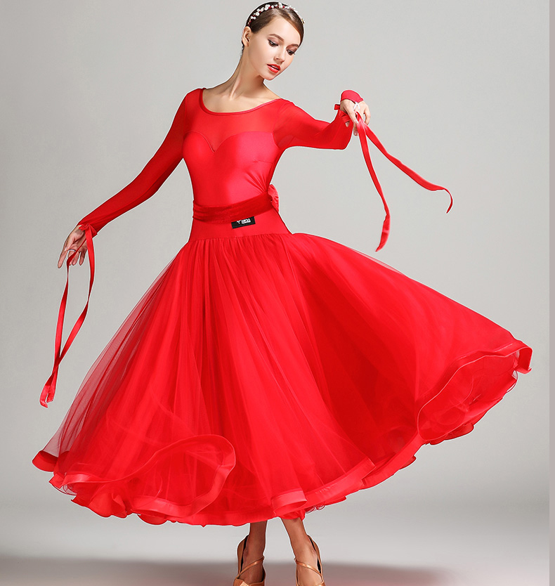 社交ダンス・パーティドレス　ダンス衣装　上品リボン付可愛い新作ロングワンピース　サイズ選択可　レッド