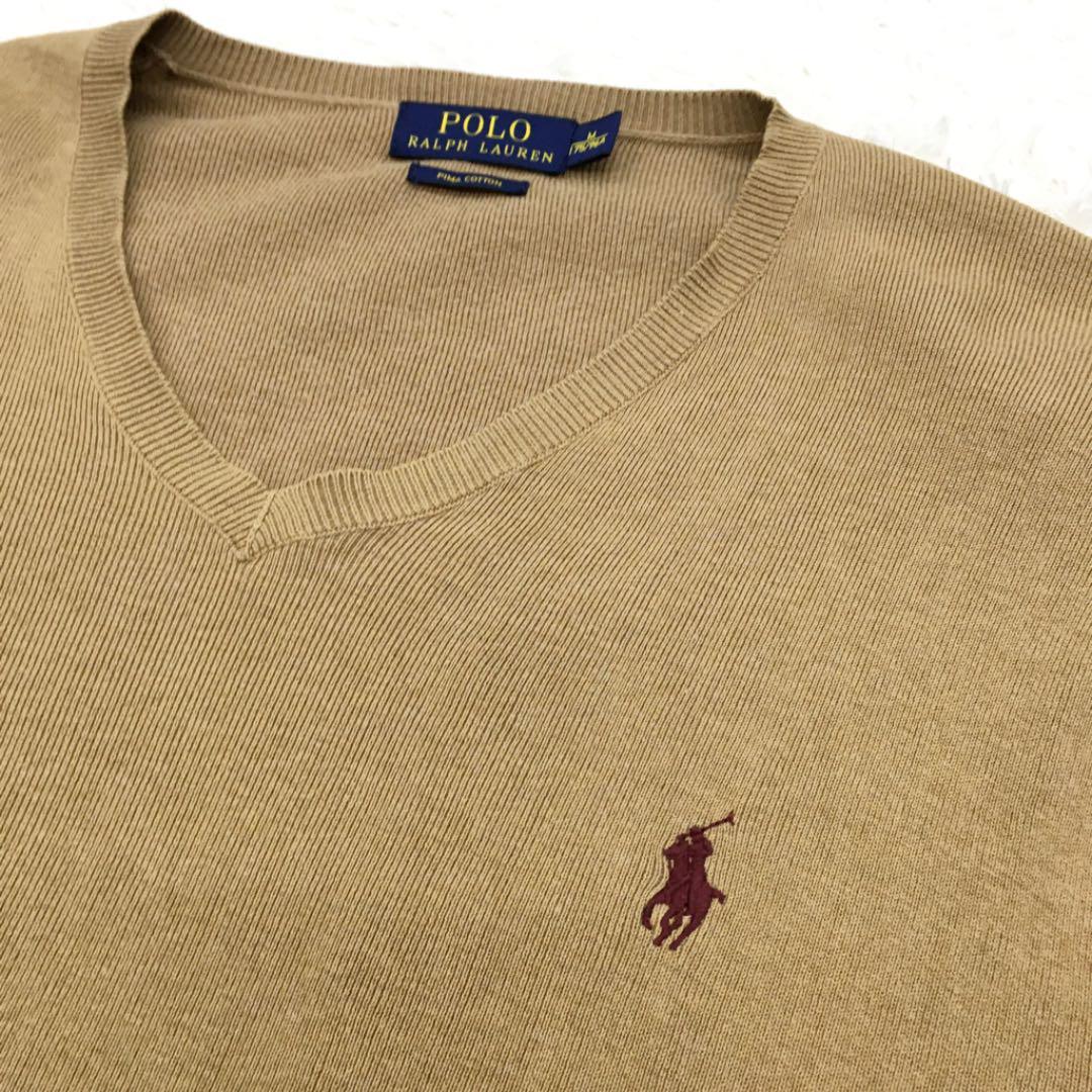 POLO RALPH LAUREN ポロラルフローレン ピマコットン ニットセーター Vネック 刺繍ポニー ワンポイント メンズ サイズM 茶色