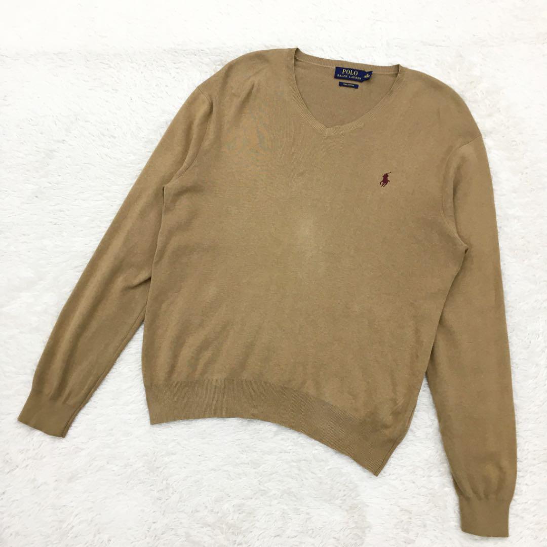 POLO RALPH LAUREN ポロラルフローレン ピマコットン ニットセーター Vネック 刺繍ポニー ワンポイント メンズ サイズM 茶色