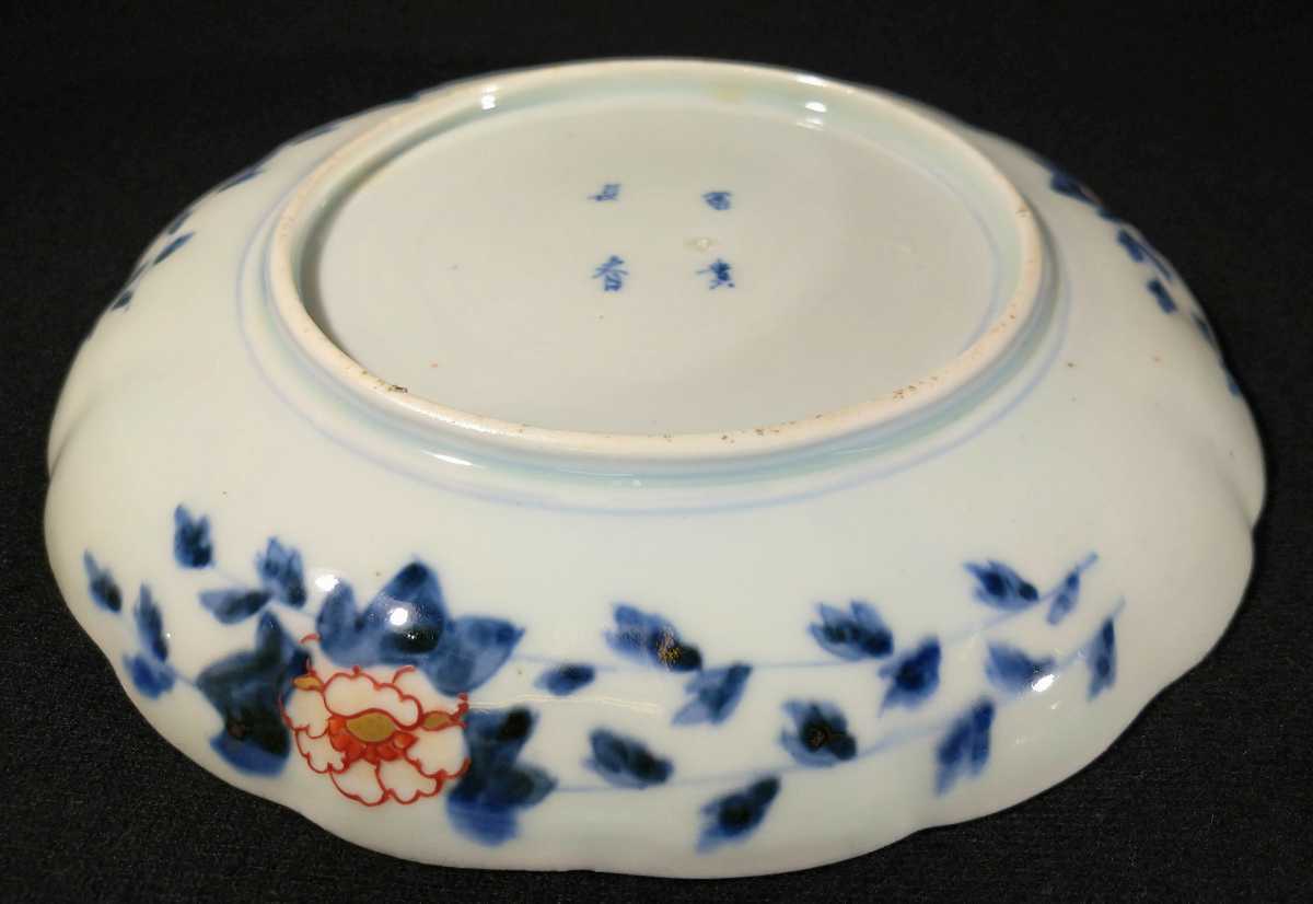 古伊万里 染付 金彩 色絵 花唐草文 花尽し 牡丹に鶴 富貴長春 花鳥図 22cm 輪花 中皿 江戸後期 bveumxci-Ca2418k_画像4