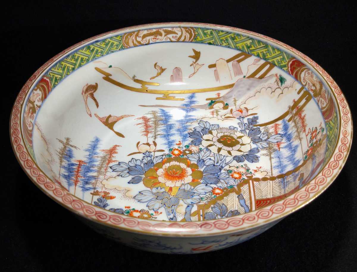 古伊万里 豪華絢爛 染付 金彩 色絵 龍に鳳凰文 鶴に牡丹 花鳥図 29cm 大鉢 江戸後期 bcat-Ca2422_画像1