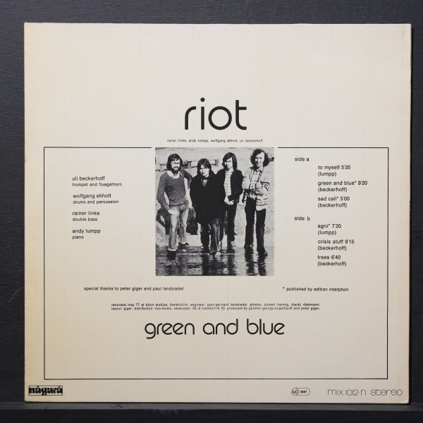 【独オリジナル】RIOT 好内容カルテット GERMANY盤 GREEN AND BLUE 1977 ULI BECKERHOFF / ANDY LUMPP / RAINER LINKE / WOLFGANG EKHOLT_画像2