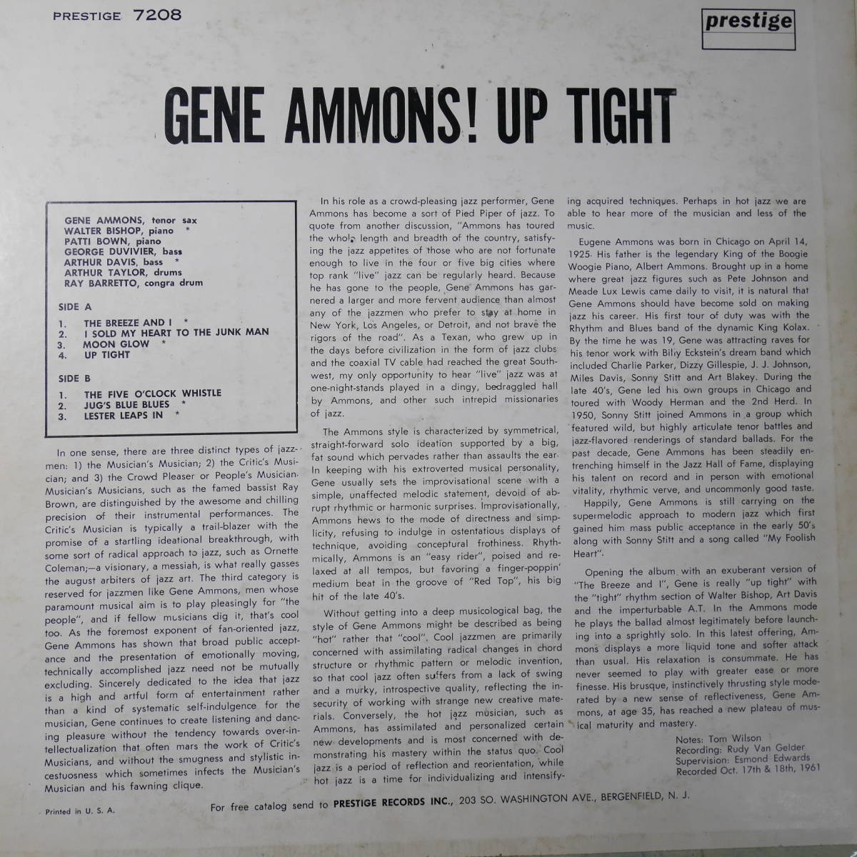 アナログ ● GENE AMMONS/ UP TIGHT ～　PRESTIGE　N.J.　STEREO　VAN GELDER刻印_画像2