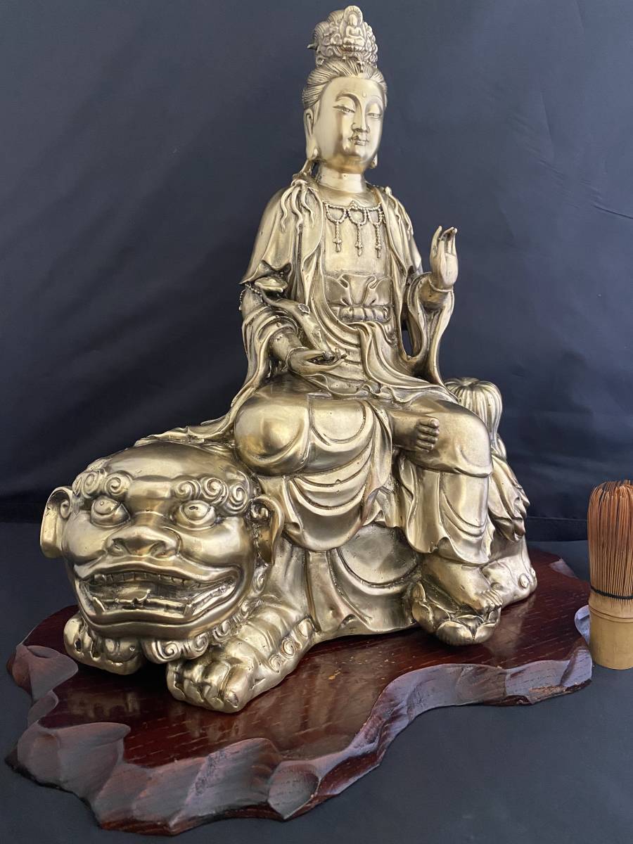大型 文殊菩薩 真鍮製 台付 観音像 仏像 彫刻 置物 開運 風水 骨董 古