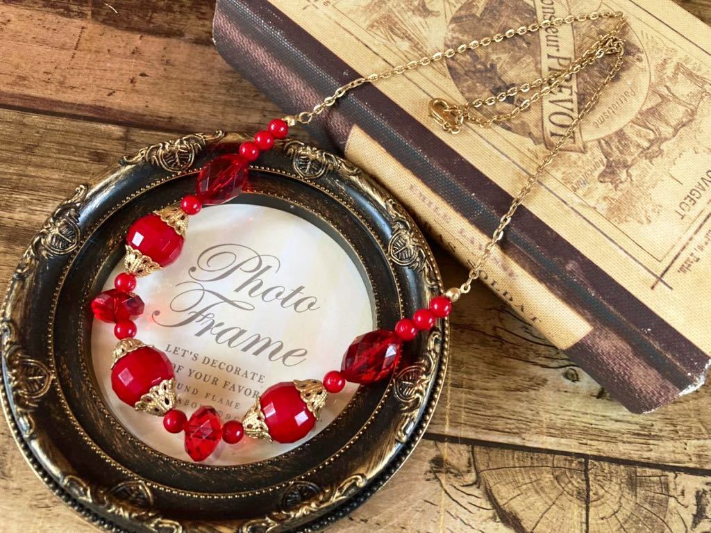 上品 ヴィンテージ ネックレス 赤 アンティーク ペンダント フォーマル ショート red vintage necklace antique accessory pendant F1_画像3