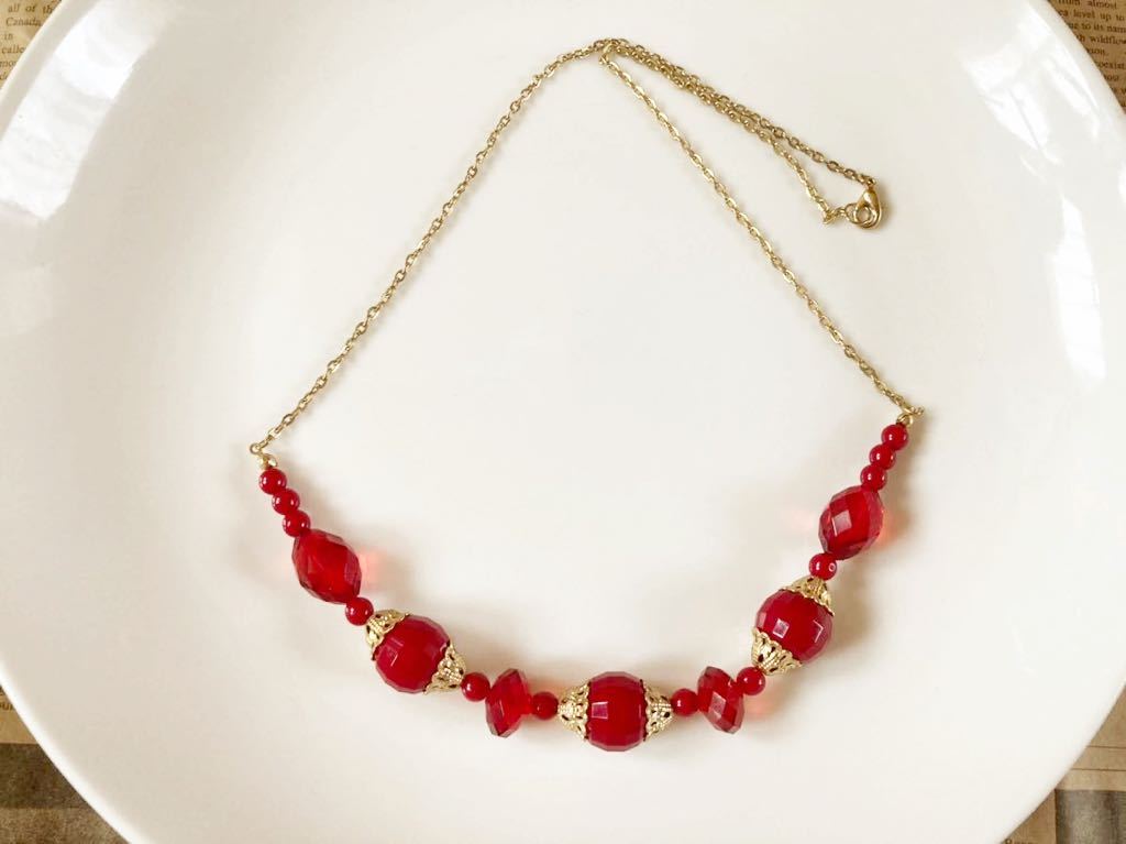 上品 ヴィンテージ ネックレス 赤 アンティーク ペンダント フォーマル ショート red vintage necklace antique accessory pendant F1_画像6