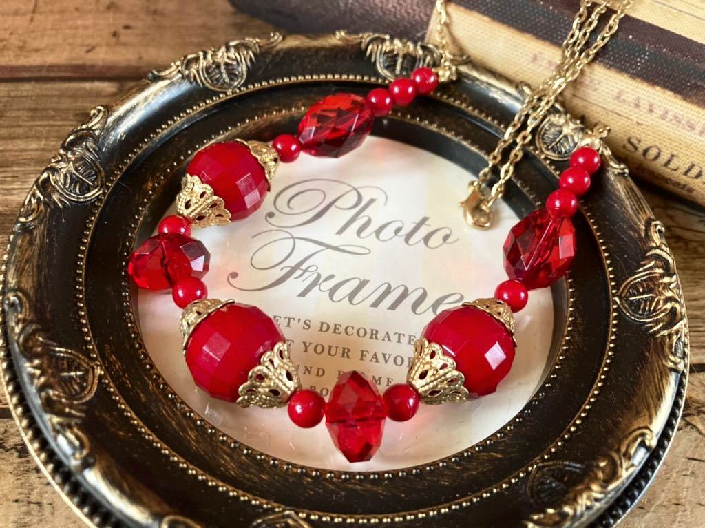 上品 ヴィンテージ ネックレス 赤 アンティーク ペンダント フォーマル ショート red vintage necklace antique accessory pendant F1_画像1