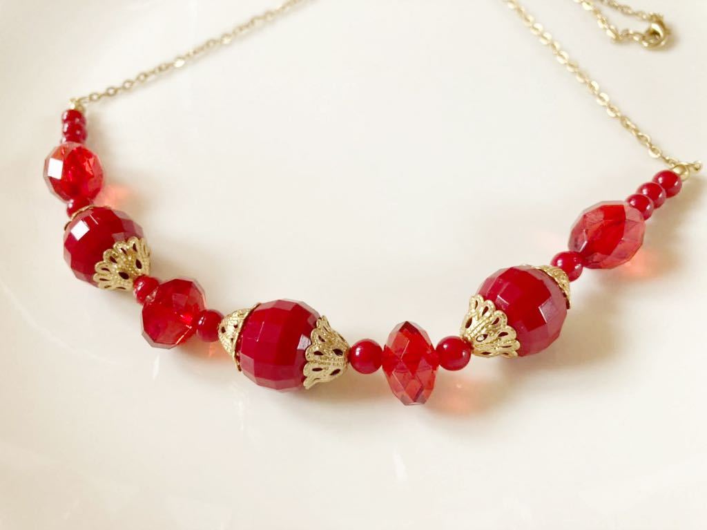 上品 ヴィンテージ ネックレス 赤 アンティーク ペンダント フォーマル ショート red vintage necklace antique accessory pendant F1_画像7