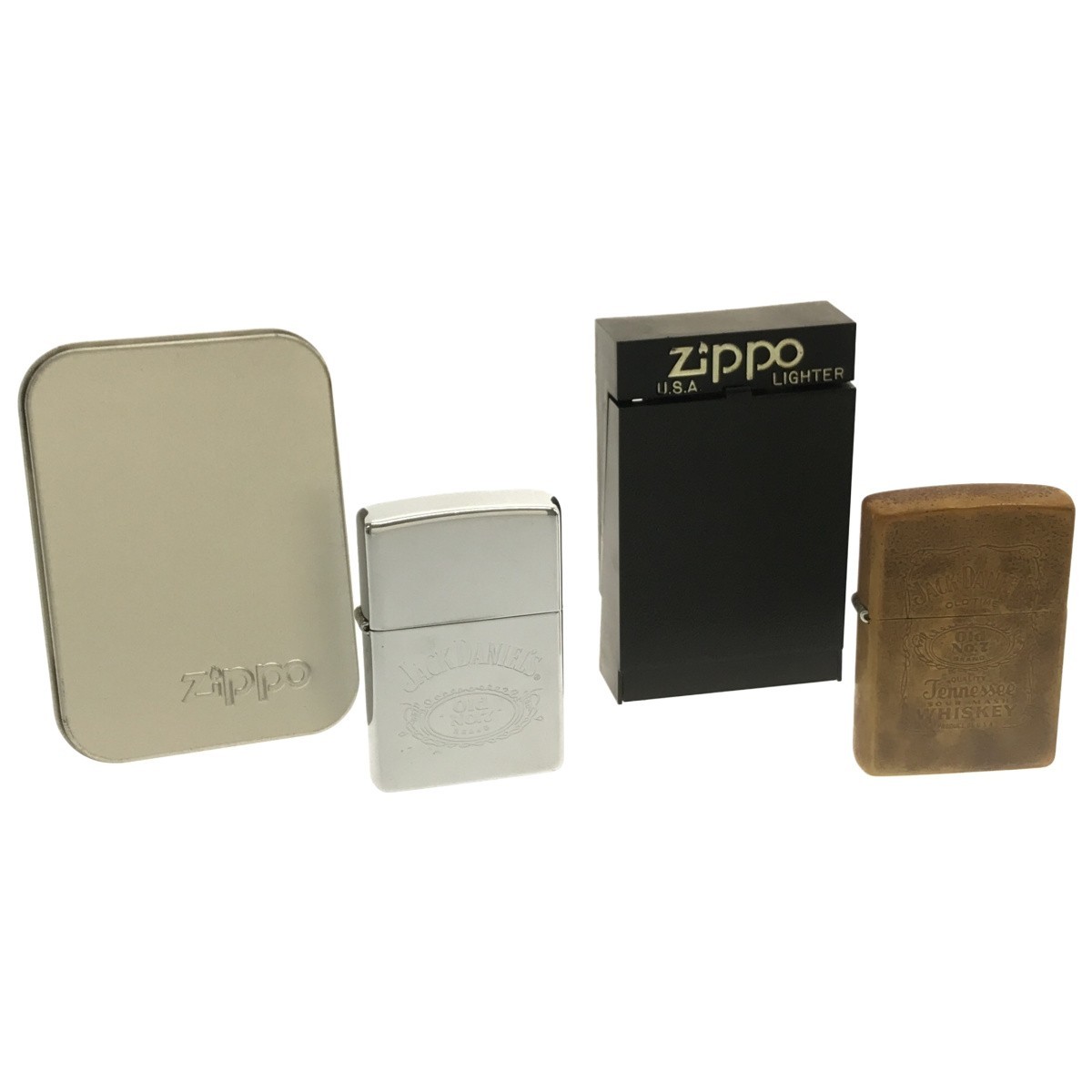 【Zippo 2点まとめ】JACK DANIEL'S OLD No7 WHISKEY ジャック ダニエル 真鍮 ゴールド 1998年 + シルバー 1999年 ウイスキー ジッポー J717_画像1