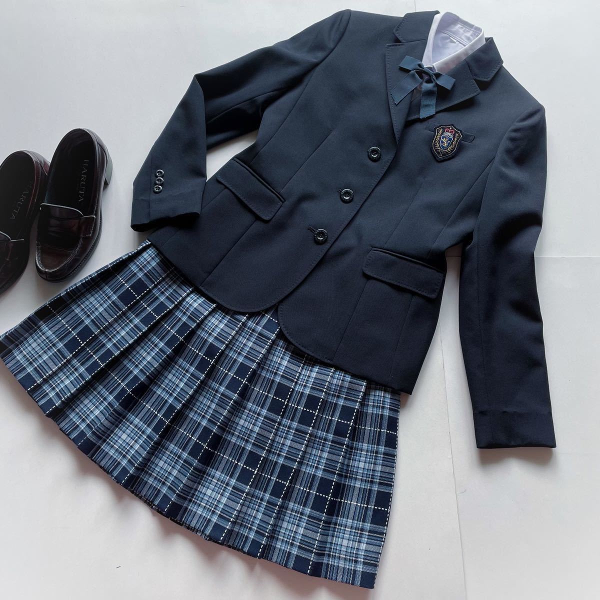 美品 THE SCOTCH HOUSE ザ・スコッチハウス フォ－マルス－ツ 紺ブレ スカート リボン 紺 お受験 卒服160cm 