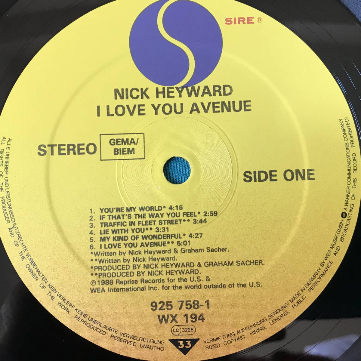 LP●Nick Heyward / I Love You Avenue UK/EUオリジナル盤Reprise 925 758-1 裏ジャケWロゴ刻印_画像4