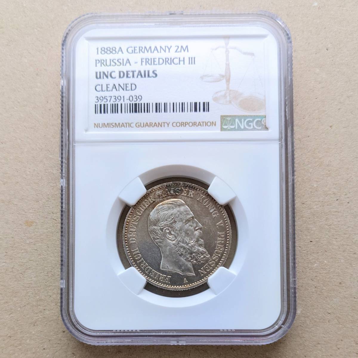 1888年 ドイツ プロイセン フリードリヒ3世 2マルク 銀貨 1888A ベルリンミント NGC UNC-d Cleaned クオカード 原幹恵 ヤングチャンピオン クオカード500 H0076-0293