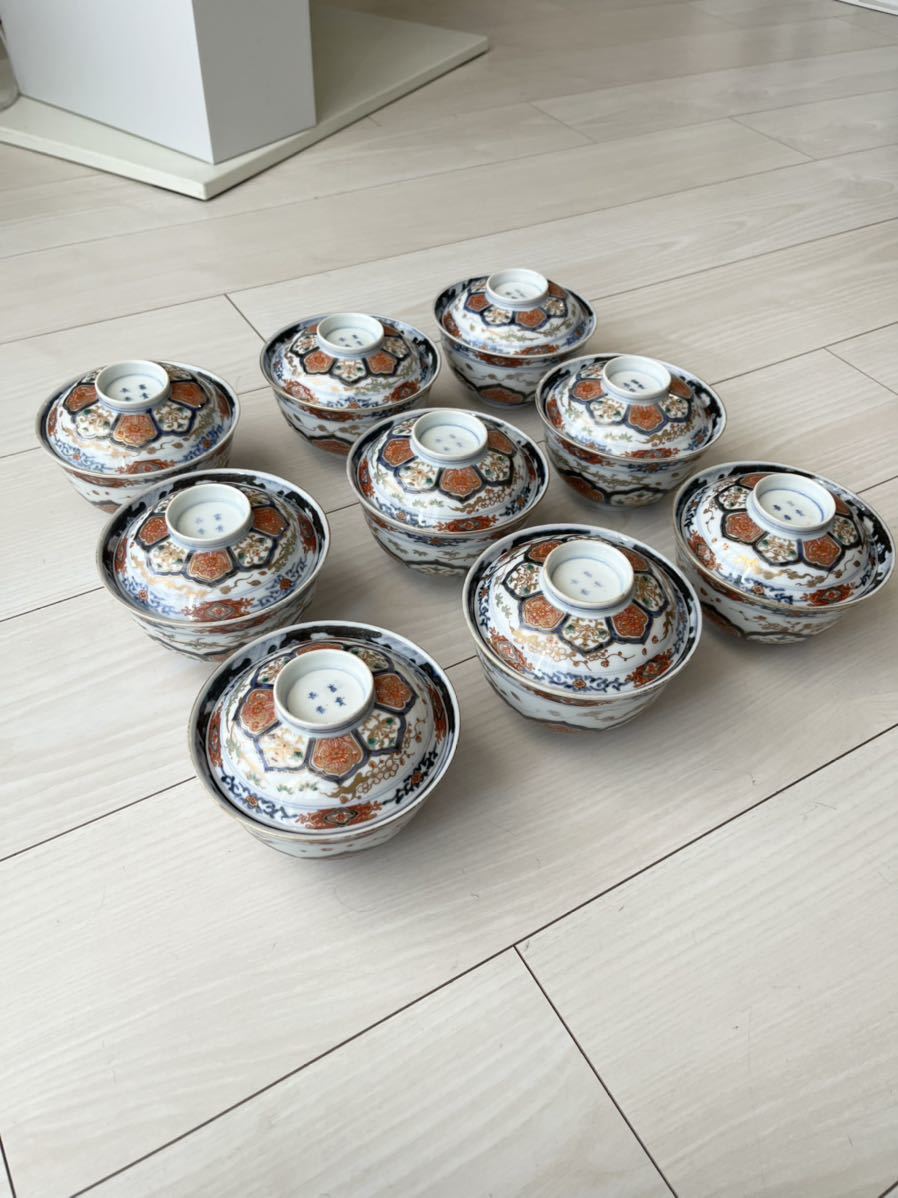 富貴長春/伊万里焼色絵染付金彩松竹梅鳳凰文皿9客/茶碗古伊万里 富貴長春/伊万里焼色絵染付金彩松竹梅鳳凰文皿9客/茶碗古伊万里
