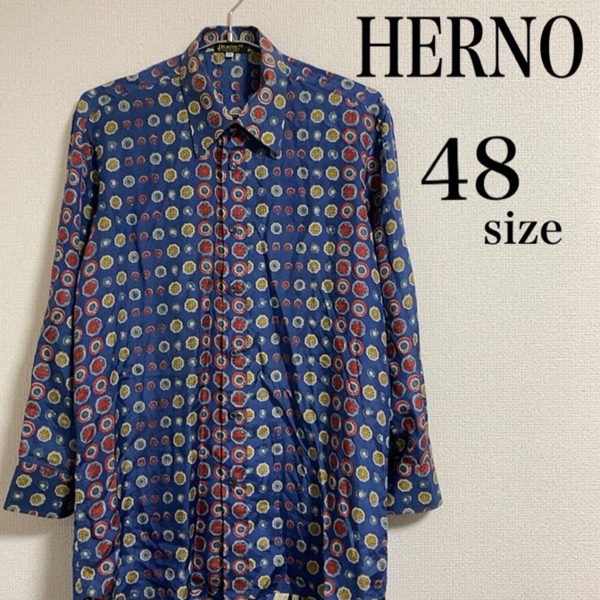 HERNO ヘルノ メンズ シャツ 48 シルク 長袖 総柄 レトロ ブルー系