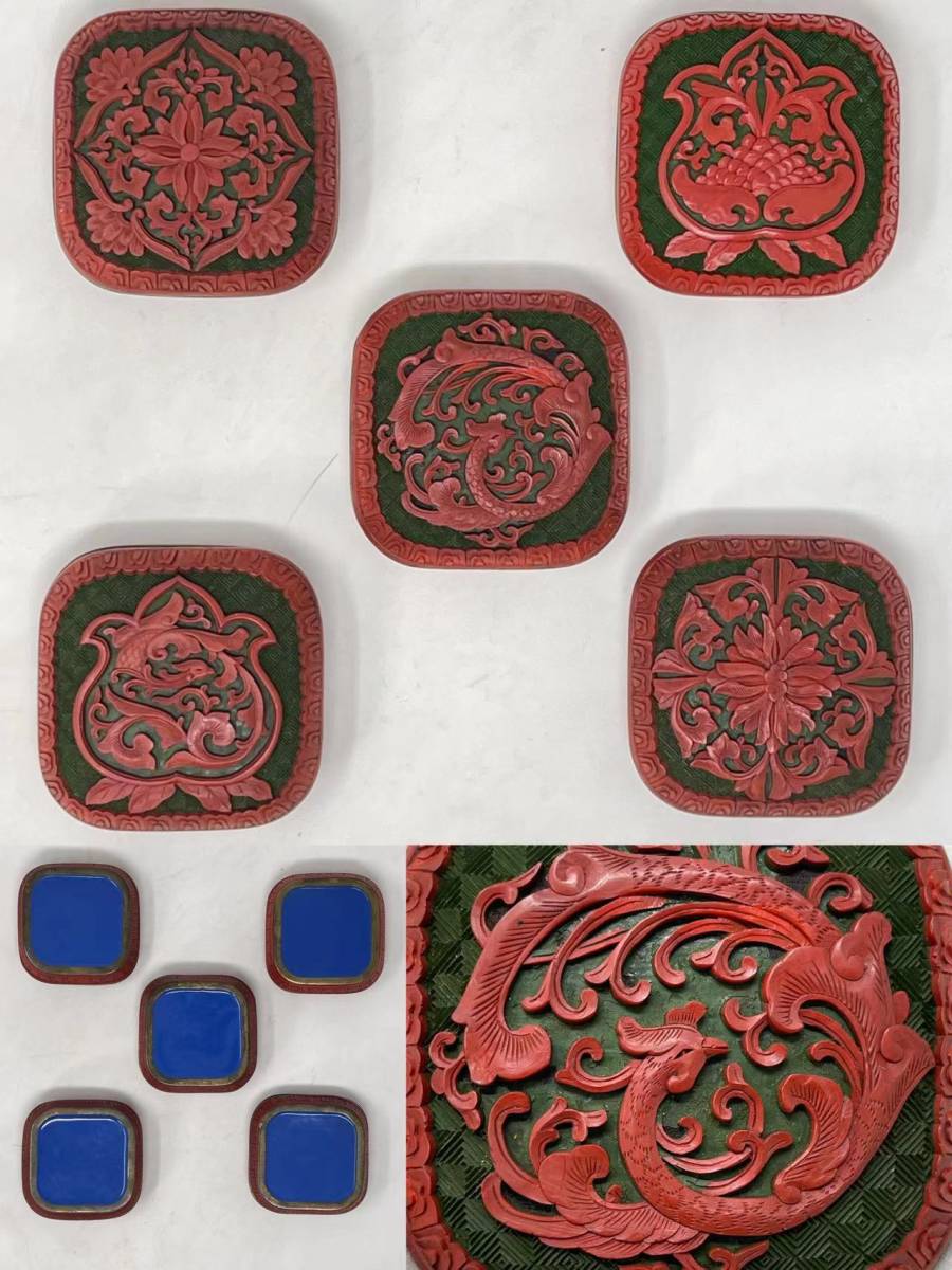 時代物 中国 堆朱 花鳥文等蓋盒 5点セット 細密彫刻 古物保証(漆雕 時代物 中国 堆朱 花鳥文等蓋盒 5点セット 細密彫刻 古物保証(漆雕
