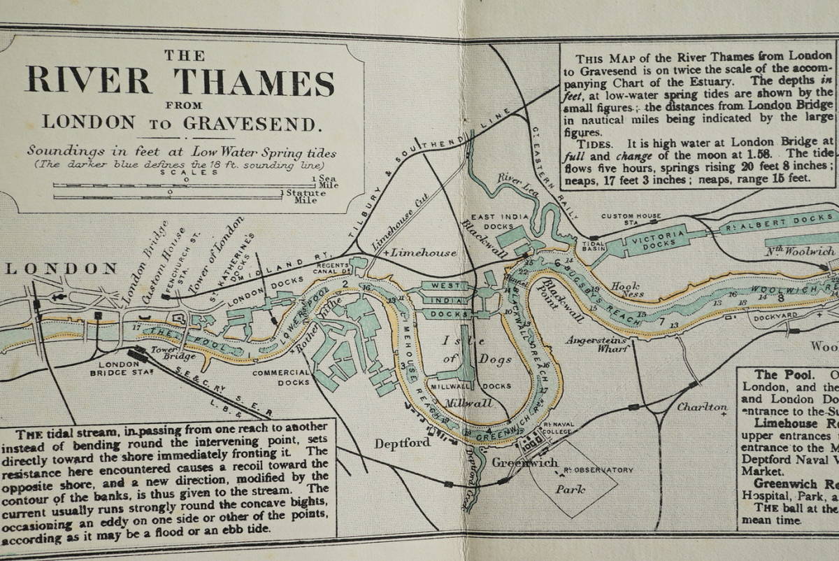 レイノルズ テムズ川河口地図 THAMES +ロンドン～グレーブセンド河川地図 2枚 1921年 検:英国イギリス古地図 海図水路図 航海水深 チャート_画像4