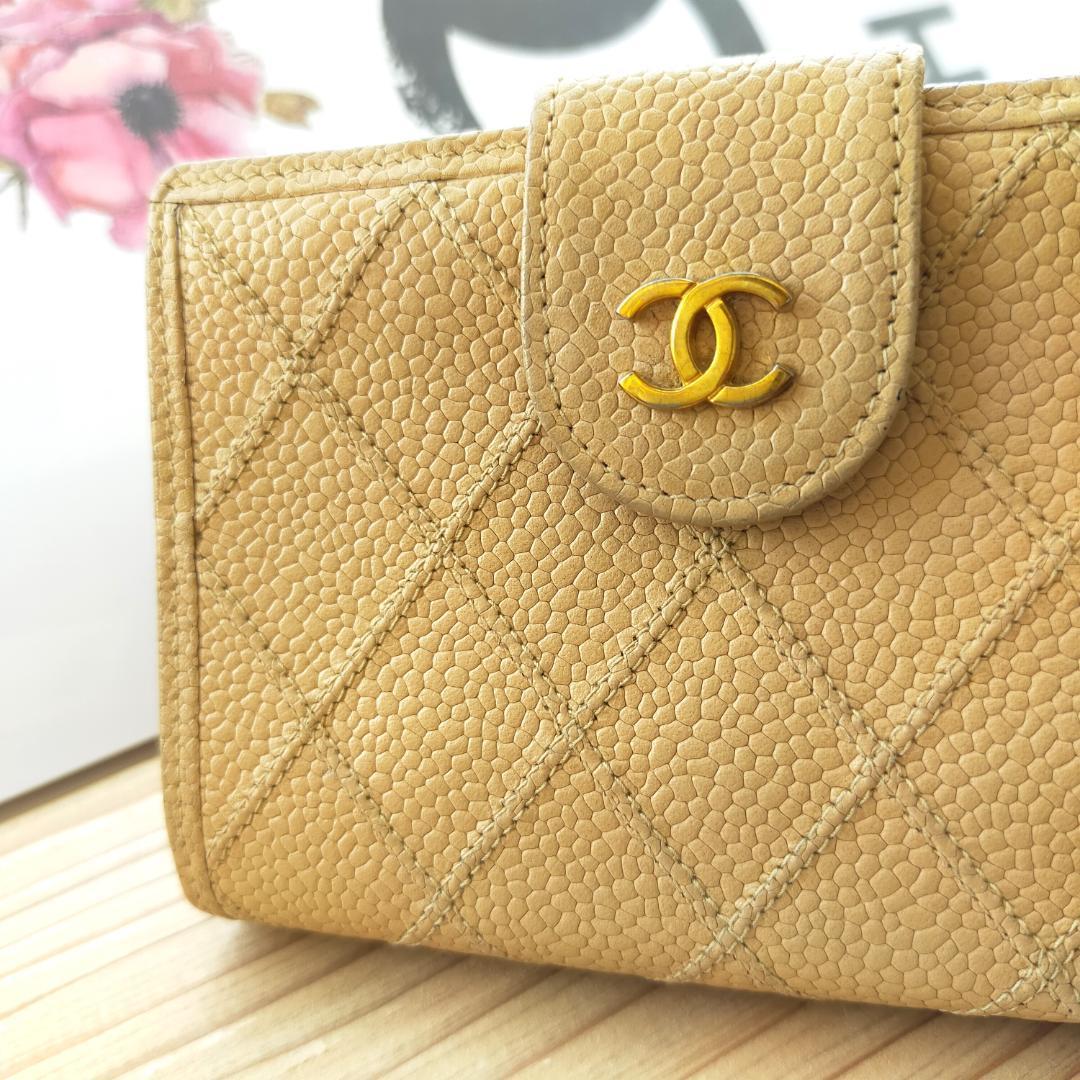 CHANEL シャネル ココマーク キャビアスキン ベージュ がま口 財布 ...