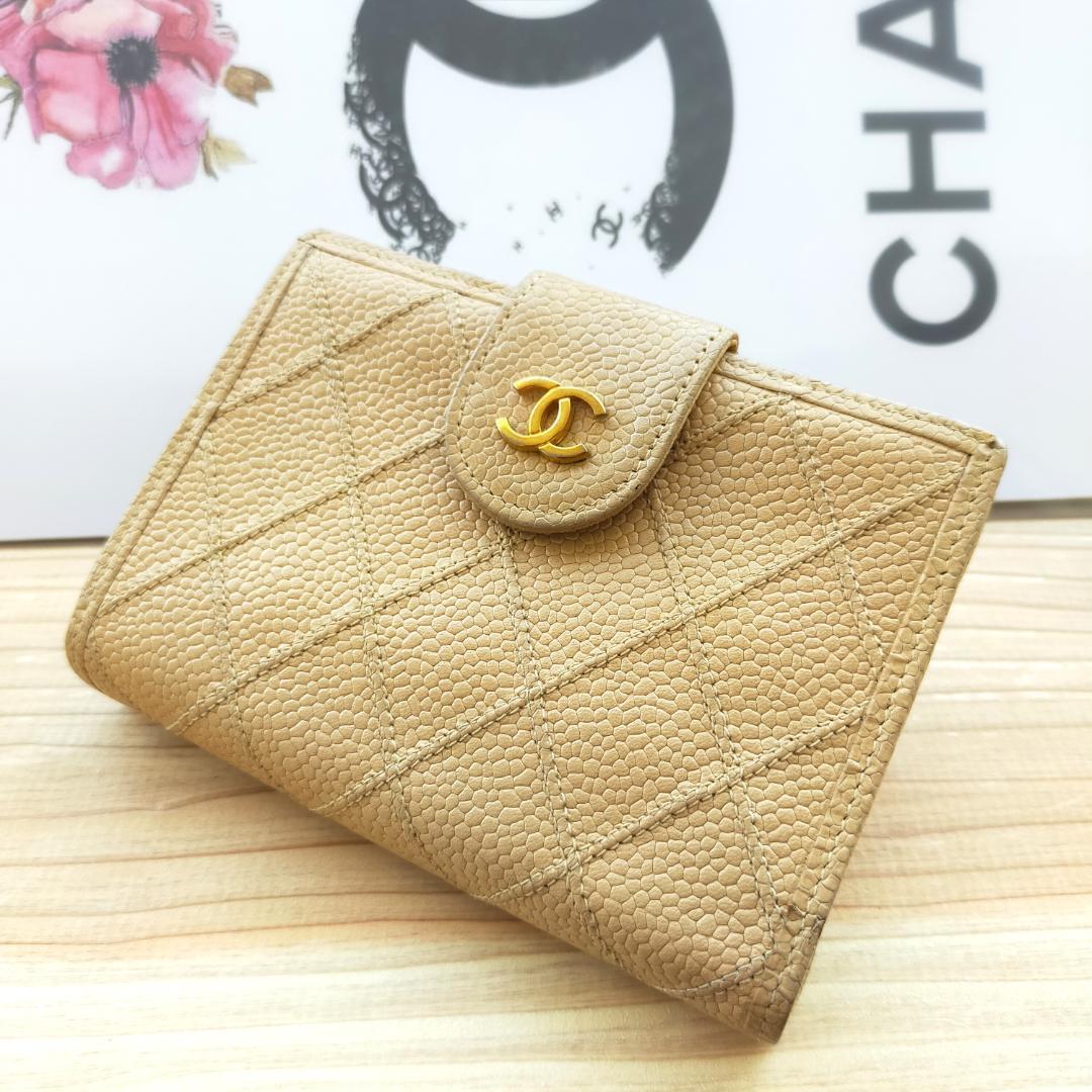 CHANEL シャネル ココマーク キャビアスキン ベージュ がま口 財布 ...