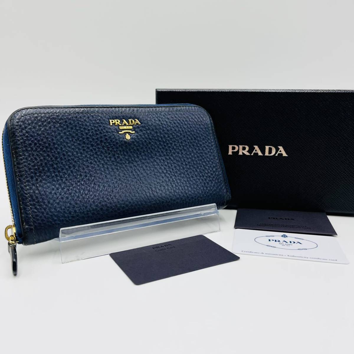 1円 美品 PRADA プラダ 長財布 ラウンドファスナー ロゴ レザー