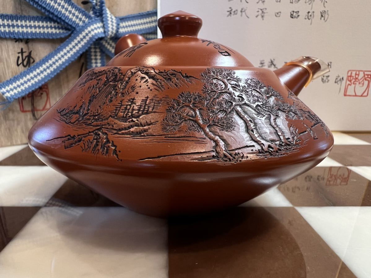 常滑名匠昭邨古作 昭和45年頃古作 山水模様算玉形 朱泥急須 | www.med