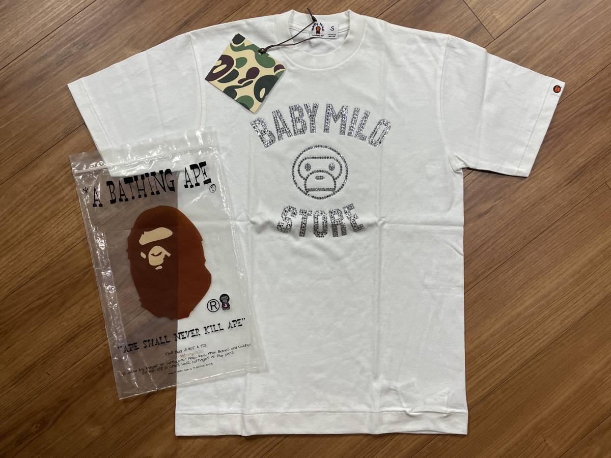 79 未使用品 A BATHING APE アベイシングエイプ Tシャツ スワロフスキー ラインストーン BABY MILO サイズS_画像1