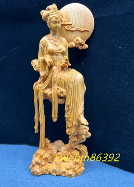 珍品 木彫り 嫦娥 天女 月神 座像 置物 彫刻 仏教工芸 仏師で仕上げ