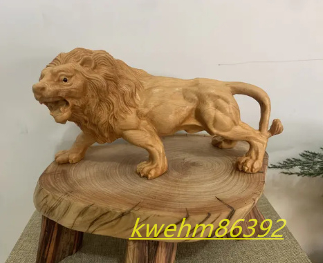 ライオン 高級天然ツゲ 木彫り 美術工芸品 彫刻 コレクション 緑起物 神獣
