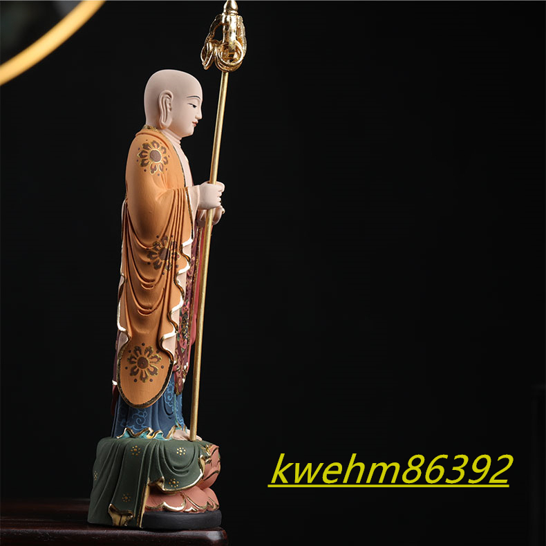 珍品 木彫り 仏像 地蔵菩薩 立像 柘植材 彫刻 彩繪 本金 切金_画像7