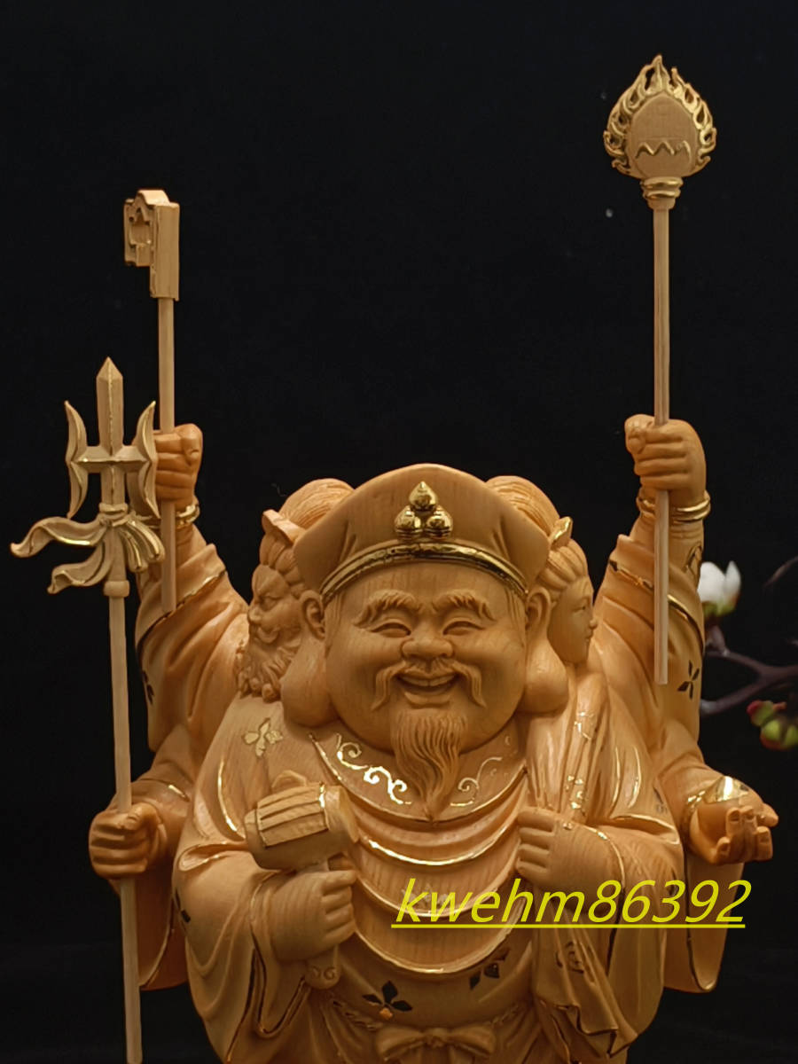 珍品 木彫り 仏像 七福神三面大黒天 本金 切金 彫刻 天然木檜材 www