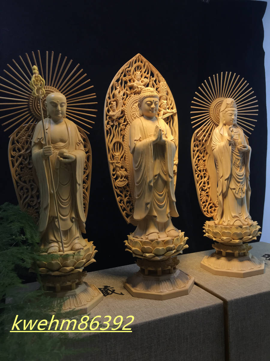 特上彫 娑婆三聖 木彫仏像 精密彫刻 地蔵菩薩 阿弥陀如来 観音菩薩