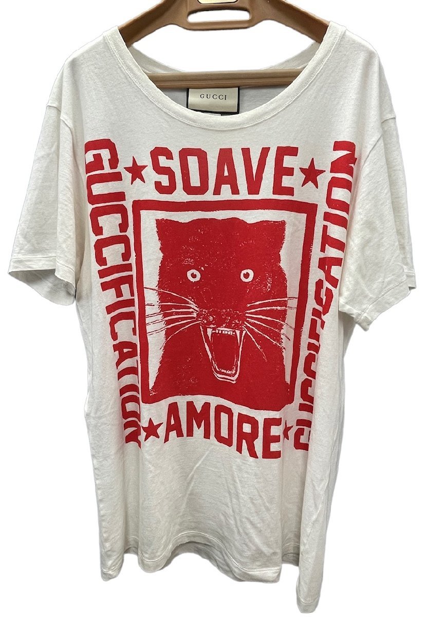 グッチ Tシャツ トップス S ロゴ アイボリー 白 半袖 綿 メンズ キャットヘッド キャット　GUCCI 【中古】_画像1