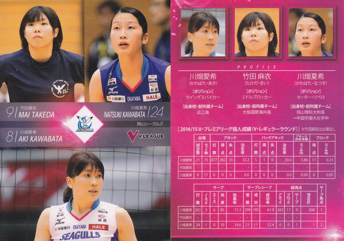 15Vリーグ　川畑愛希 竹田麻衣 川畑夏希　レギュラーカード　岡山シーガルズ_画像1