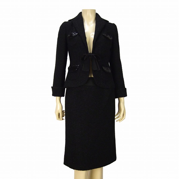 A as good as new *TO BE CHIC toe Be Schic * black * beautiful solid tweed weave * Kirameki spangled & stitch entering * woman super skirt suit *40/L*11 number 