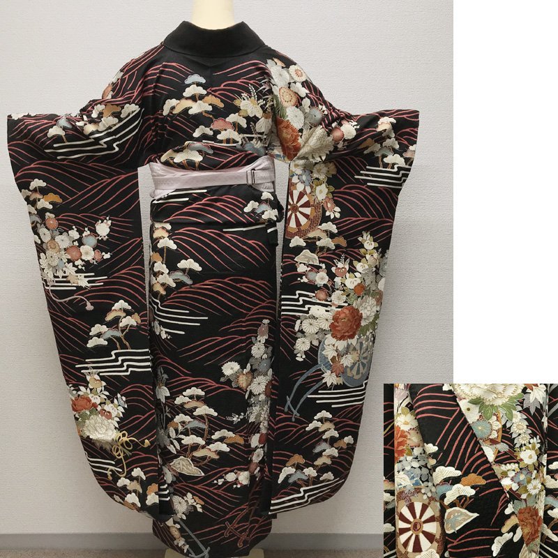 [ last SALE!!]* classic pattern long-sleeved kimono gold paint gold piece embroidery wave . flower car coming-of-age ceremony wedding * beautiful goods 209z7